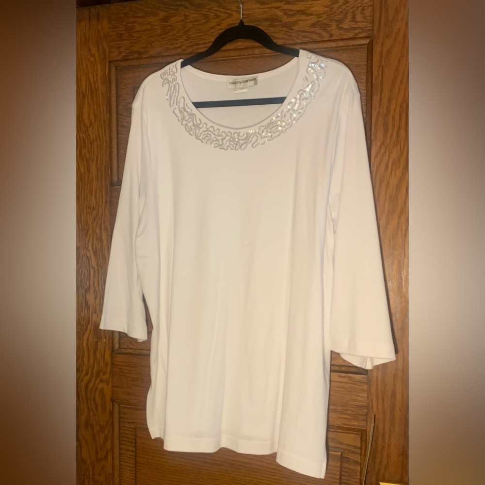 Cathy Daniels White Top with Embellished Bling Neckline Plus Size 1x 100% Cotton